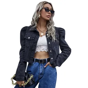 Veste courte en jean tendance pour femmes avec manches bouffantes en gris foncé