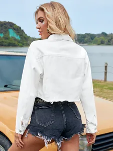 Stylish white cropped denim jacket with frayed hem shown from the back for women's fashion