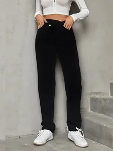 Close-up detail of women's black high-waisted loose denim pants with straight-leg fit.