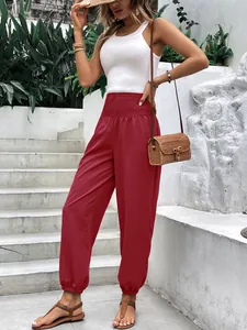 Pantalon de jogging rouge élégant à taille haute élastique pour femme