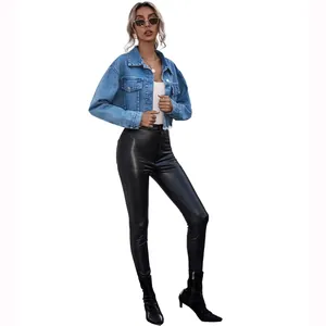Stylish light blue cropped denim jacket with raw hem and button pockets for women