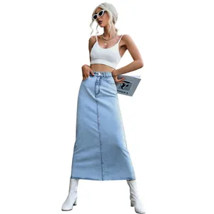 High-waisted long denim A-line skirt for women in light blue wash