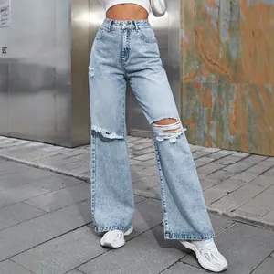 Jeans Taille Haute Jambes Larges pour Femmes Pantalons en Denim Déchirés Streetwear Délavés Jeans Décontractés