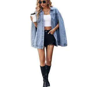 Stylish oversized light wash denim jacket for women featuring irregular hem design