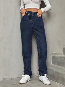 Women's high-waisted loose denim jeans featuring a stylish asymmetrical waist button closure