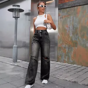 Jean délavé gris à taille haute et jambe large avec déchirures stylées pour femmes