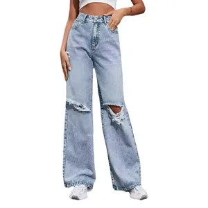Jean déchiré à taille haute et jambe large en denim délavé clair pour femmes branchées