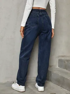 Detailed back view of women's high-waisted loose straight-leg denim jeans in dark blue