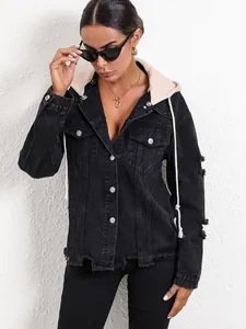 Veste en jean noire à capuche de style occidental pour l'automne-hiver.