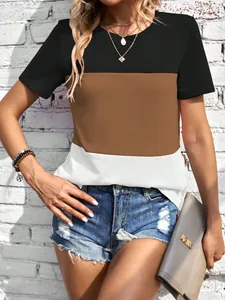 Casual T-shirt met korte mouwen en kleurblokken in zwarte bruine en witte strepen