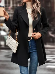 Elegant black woolen lapel coat for women, perfect for autumn winter street fashion style
