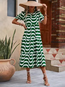 Green and white wavy stripe puff sleeve midi dress with tiered ruffle skirt detail