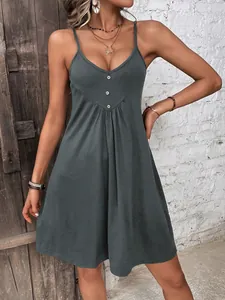 Casual dark grey sleeveless camisole sundress with a V-neck and decorative buttons detail
