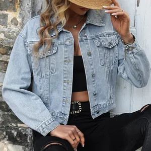 Damen Hellblau Washed Denim Jacke Kurz Loose Fit Langarm Knopfleiste Top Casual Streetwear Oberbekleidung Mantel