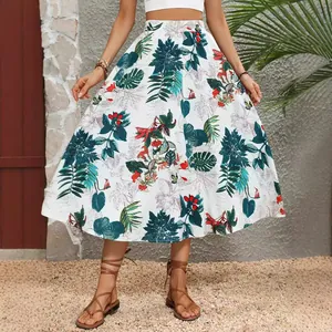 Jupe Longue Trapèze à Taille Haute Imprimé Plantes Tropicales pour Femmes Jupe de Plage Large en Polyester Élasthanne