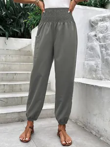 Pantalon de jogging gris décontracté à taille haute élastique et poche latérale