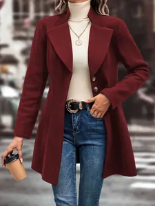 Elegant burgundy lapel woolen coat for women featured in a stylish urban setting