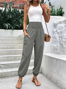 Pantalon de jogging taille haute élastique vert olive pour femme avec poche latérale