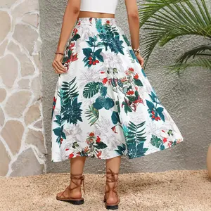 Jupe midi bohème à imprimé feuilles tropicales et taille haute pour les vacances d'été décontractées