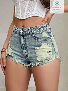 Modische High-Waist-Jeansshorts mit Distressed-Effekt, ausgefransten Säumen und Rissen