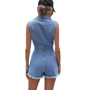 Back view of a casual slim denim romper jumpsuit with frayed hem and belted waist