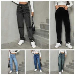 Women High Waist Asymmetric Button Fly Denim Jeans Crossover Waistband Loose Straight Leg Wide Leg Washed Casual Streetwear Bottom Long Pants