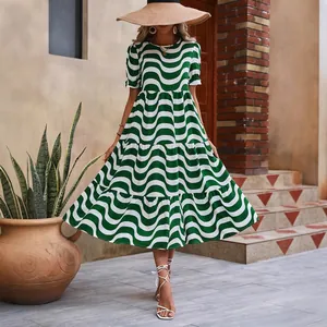 Women Wavy Print Loose Straight Puff Sleeve Dress Tiered Midi Length Casual Vacation Wear Polyester Spandex Top And Bottom