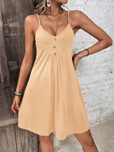 Casual solid color V-neck camisole dress with button details in a light brown finish.