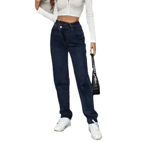 High-waisted loose jeans for women with a unique crossover waist design in dark blue