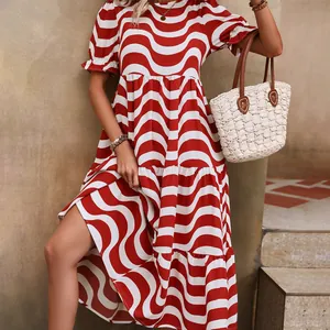 Bohemian women's red and white wavy print tiered maxi dress with bubble sleeves