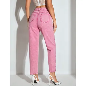 Back view detail of high-waist pink straight-leg denim jeans for women