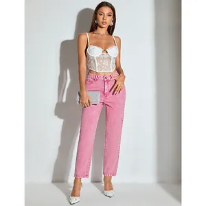 Stylish high waisted straight leg pink denim jeans for women fashion full length view