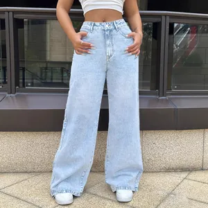 Women High Waist Wide Leg Jeans Street Style Straight Loose Washed Blue Denim Pants Casual Full Length Floor Trousers