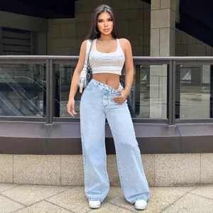 Women's high-waist wide-leg jeans with a straight loose fit and floor-length style