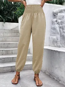 Pantalon de jogging décontracté kaki à taille haute élastiquée pour femme avec poche latérale