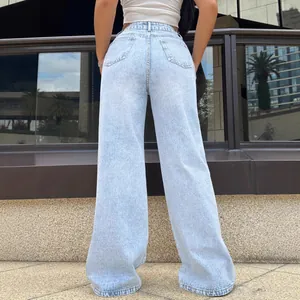 Women's high waist light blue wide leg denim jeans with straight fit and floor length