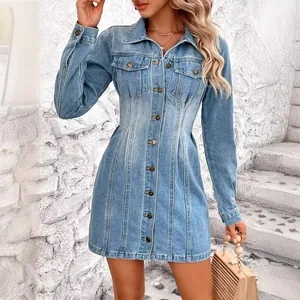 Robe Mini en Jean à Manches Longues Vintage pour Femme Coupe Cintrée Boutonnage Polo Col Bleu Délavé Robe Jean Avec Poches Mode