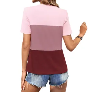 Casual dames-T-shirt met korte mouwen en kleurblokdesign in roze en bordeaux