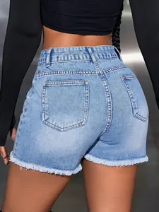 Close-up back view of high-waisted light blue denim shorts featuring raw hem and pockets