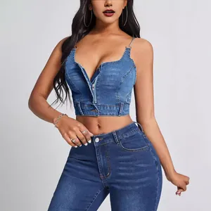 Vrouwen Sexy Diepe V-hals Denim Crop Top Met Metalen Ketting Bandjes Rits Voorzijde Rugloos Slim Fit Blauwe Jeans Tanktop
