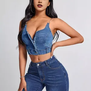Sexy denim camisole crop top met diepe V-hals, kettingbandjes en open rug voor dames