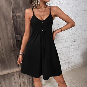 Women's Casual Sleeveless V-Neck Camisole Dress Solid Color Button Decoration A-Line Summer Beach Mini Dress