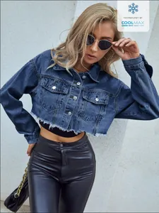 Chaqueta vaquera corta azul con dobladillo deshilachado y mangas largas informales para mujer