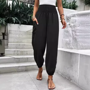 Pantalon de jogging noir à taille haute froncée pour femme avec poches et chevilles élastiques