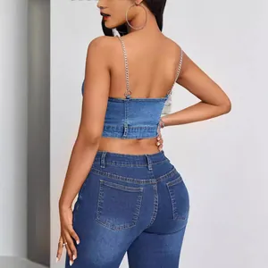 Chique donkerblauwe denim backless camisole met metalen kettingbandjes