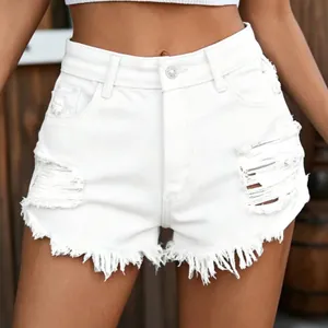 Weiße Denim-Shorts für Damen mit hoher Taille, Used-Look und ausgefranstem Saum