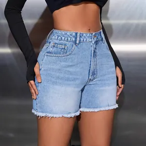 Women High Waisted Straight Leg Denim Shorts Raw Hem Washed Cotton Polyester Frayed Blue Jean Shorts Casual Streetwear Bottom