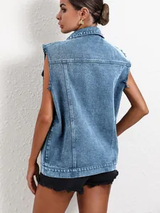 Detailed back view of a classic blue sleeveless denim vest jacket with distressed hem