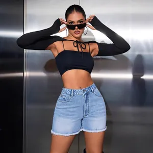 High-waisted straight denim shorts with raw hem edges for women fashion streetwear