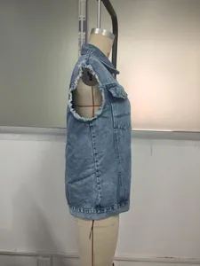 Detailed side view of a light blue women's denim vest featuring distressed armhole edges